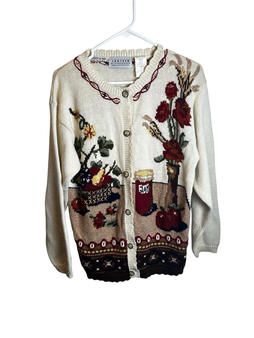Vtg Jantzen Hand Embroidered Cardigan Sweater Medium Cream Cottagecore Teacher